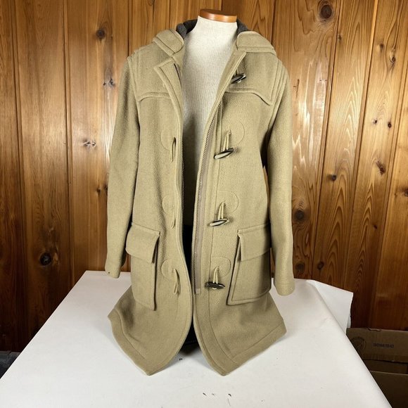J. Crew Tan Khaki Wool Toggle Button Coat Women's Size Medium Hooded Jacket - Picture 2 of 11